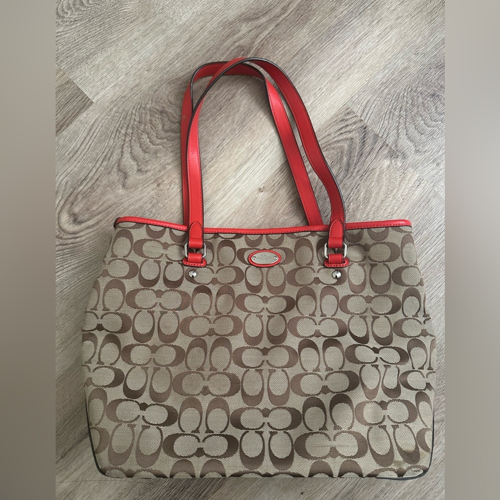 Coach Purse Tan and Red Signature Shoulder Tote Bag